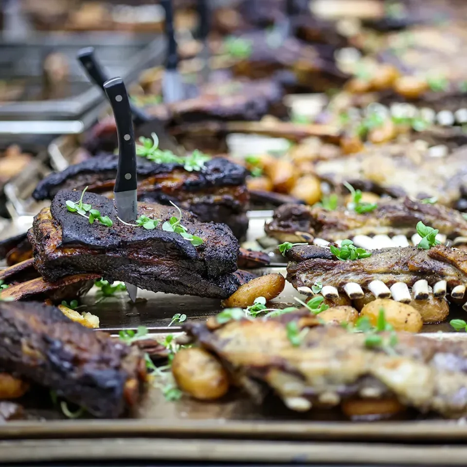 מגוון מנות בשרים על מגשים, מעוטרים בצמחי תיבול, עבור אירועים יוקרתיים וחתונות.