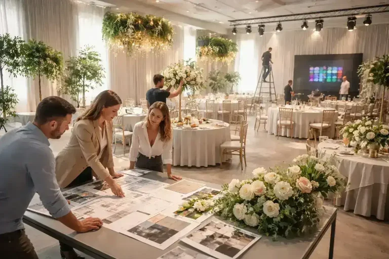 אולם אירועים יוקרתי בעבודות תכנון, עם שולחנות מעוצבים ואווירה חגיגית לאירועים קטנים.